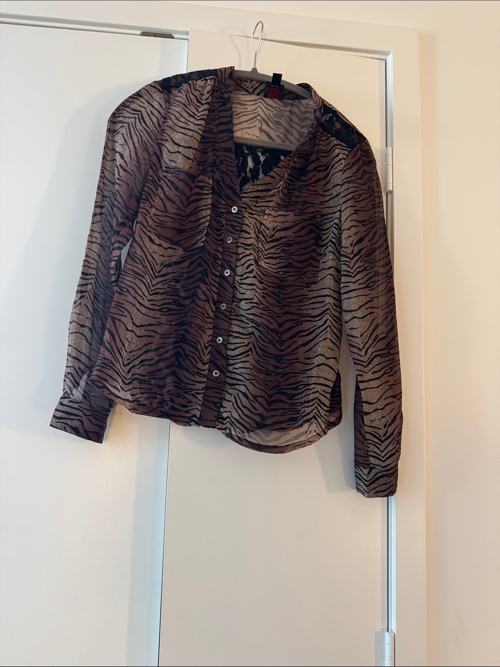 bebe Black Lace & Brown Zebra Sheer Button-Up Blouse